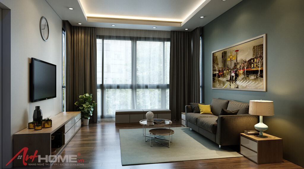 Phối cảnh phòng khách nhà ở Ecopark với sofa xám, gỗ sáng và cửa kính lớn