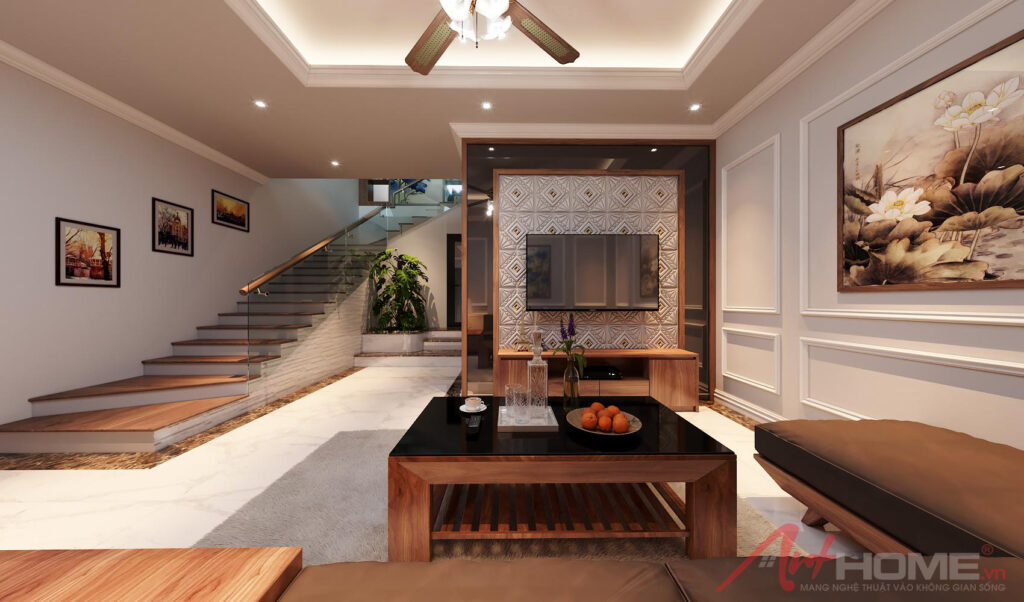Phòng sinh hoạt chung dự án chị Lan Green Bay với sofa hoa vàng và vách sen trang trí