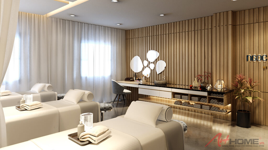 Khu chăm sóc Ngọc Dung Spa với giường dịch vụ và hệ lam gỗ