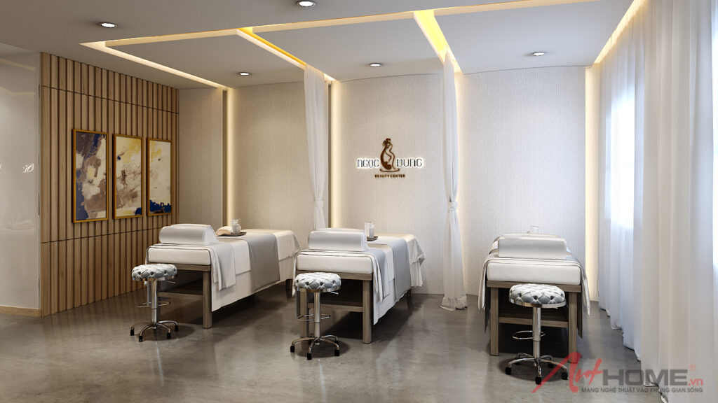 Khu dịch vụ Ngọc Dung Spa với rèm, giường chăm sóc và bàn chuẩn bị