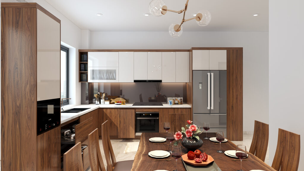 Phối cảnh phòng bếp căn hộ Vinhomes Green Bay với tủ gỗ và bàn ăn liền kề