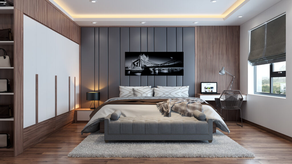 Phòng ngủ master căn hộ chú Giang tại Vinhomes Green Bay với gam xám và gỗ