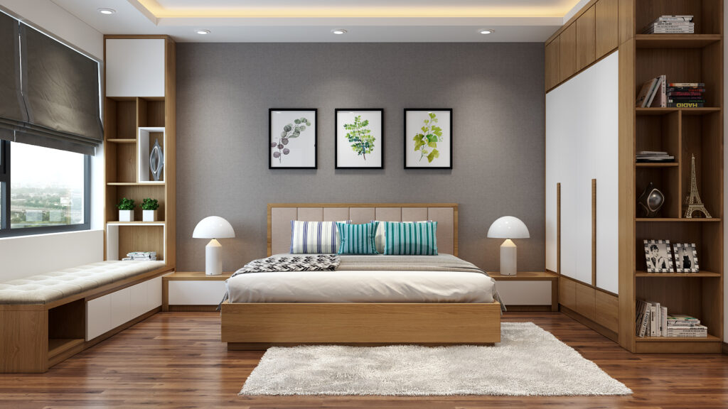 Phòng ngủ con trai trong căn hộ Vinhomes Green Bay với nội thất gỗ sáng