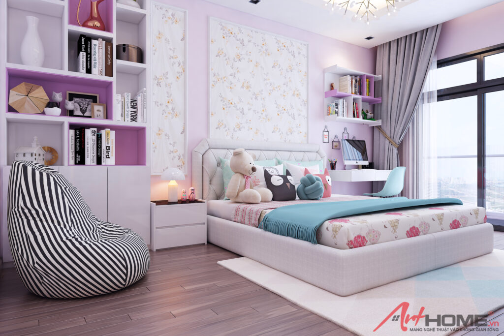 Phòng ngủ trẻ em tại Vinhomes Green Bay với gam hồng tím và bàn học gần cửa sổ