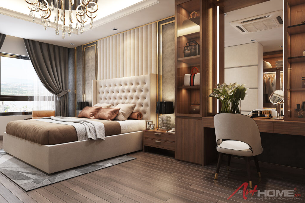 Phòng ngủ master nhà chị Lan tại Vinhomes Green Bay với giường bọc kem và nội thất gỗ