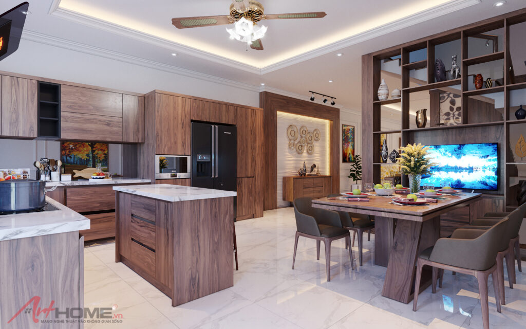 Phòng bếp và bàn ăn nhà chị Lan tại Vinhomes Green Bay với tủ gỗ và đảo bếp