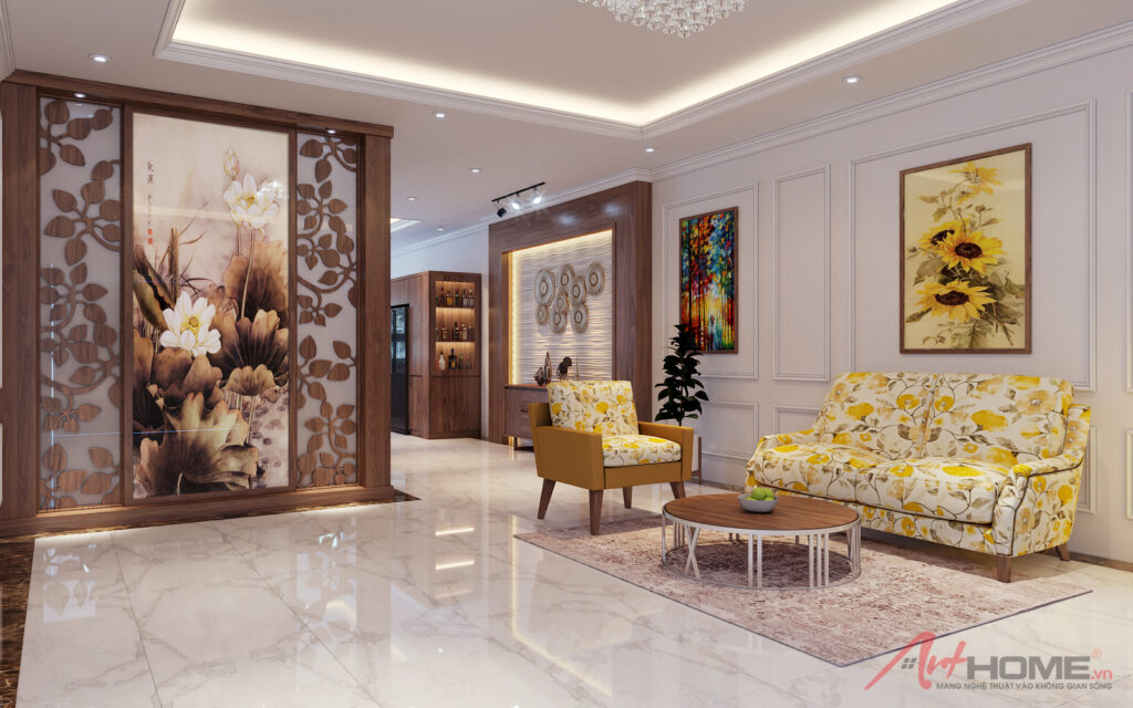 Phối cảnh phòng khách nhà chị Lan tại Vinhomes Green Bay với nội thất gỗ màu trầm