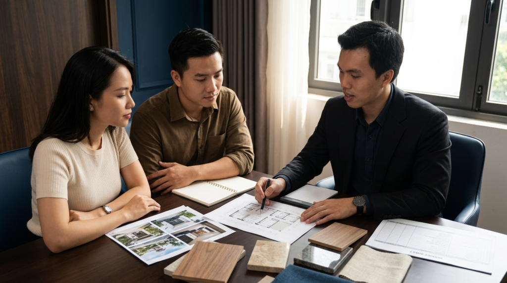 KTS Nguyễn Trung Thành tư vấn gia chủ về công năng, nếp sống và ngân sách nội thất.