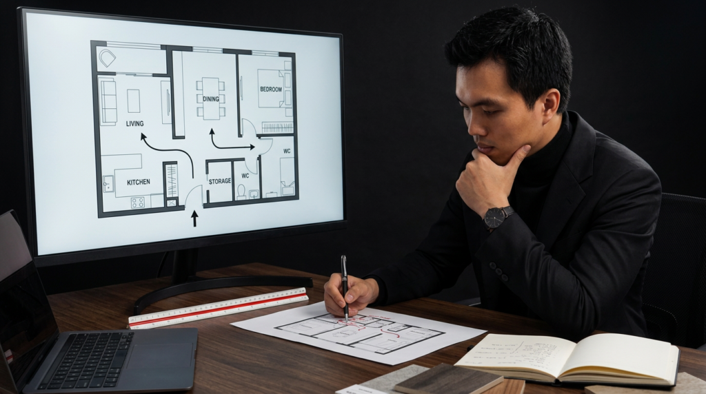 KTS Nguyễn Trung Thành và kỹ thuật viên Art Home đo đạc hiện trạng căn hộ bằng máy laser.