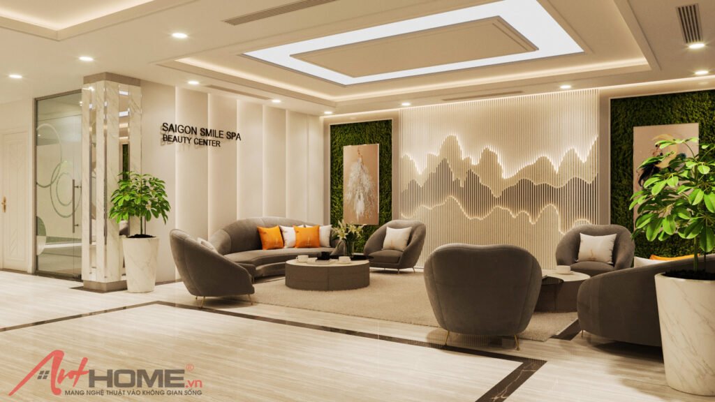 Khu vực chờ Saigon Smile Spa Hà Nội với sofa xám, cây xanh và mảng trang trí núi