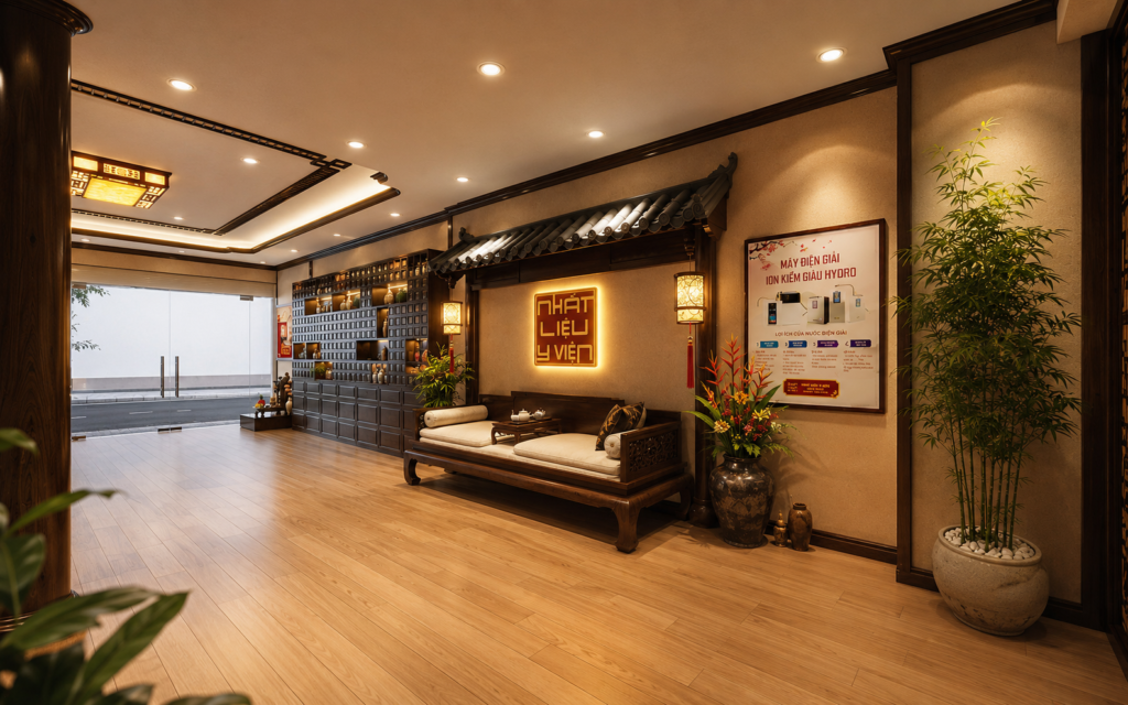 Khu vực chờ Spa Đông y với trường kỷ gỗ, tủ dược liệu và cây xanh