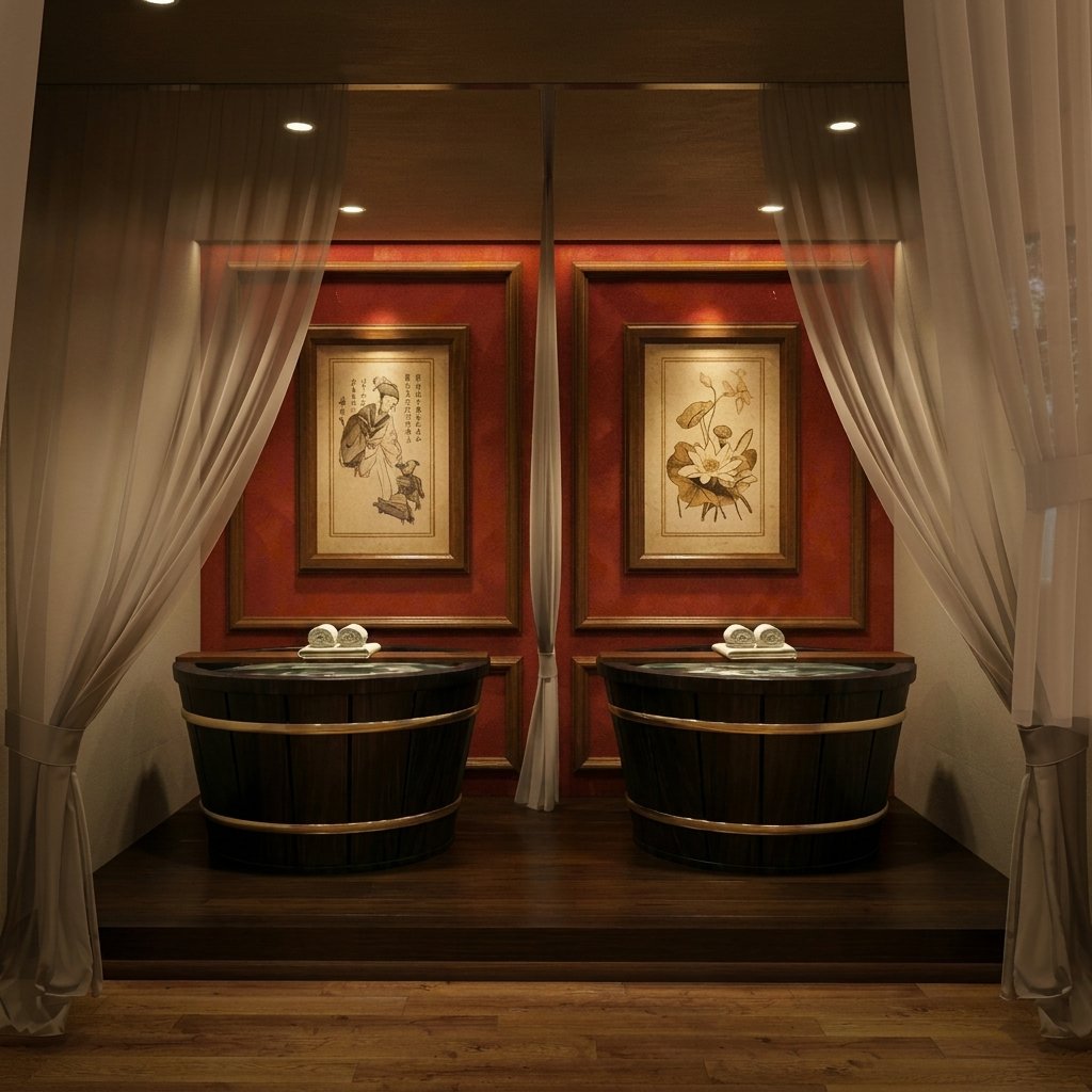 Phối cảnh khu ngâm thảo dược Spa Đông y với hai bồn gỗ và mảng tường đỏ son