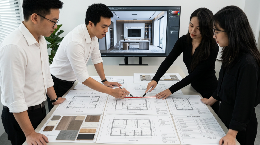 KTS Nguyễn Trung Thành cùng đội ngũ Art Home rà soát hồ sơ thiết kế nội thất và bản vẽ kỹ thuật.