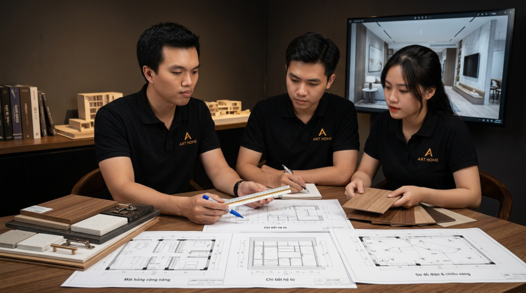 KTS Nguyễn Trung Thành kiểm tra vật liệu và điểm tiếp giáp trong công trình nội thất.