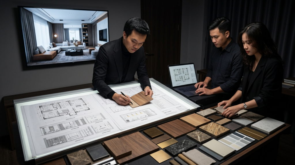 KTS Nguyễn Trung Thành cùng đội ngũ Art Home kiểm tra hồ sơ và mẫu vật liệu nội thất.