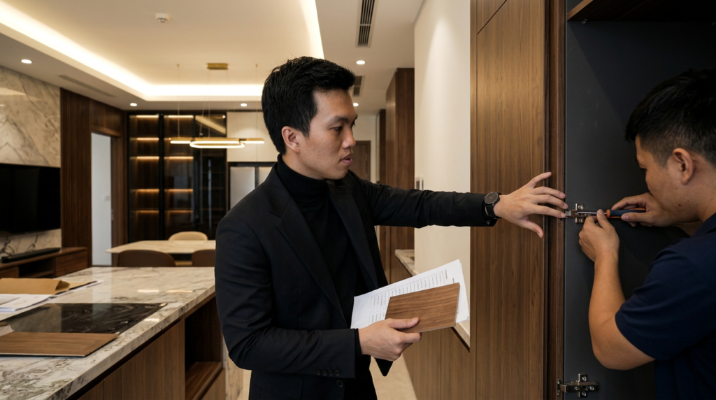 KTS Nguyễn Trung Thành cùng đội ngũ Art Home kiểm tra hồ sơ thi công thiết kế nội thất.