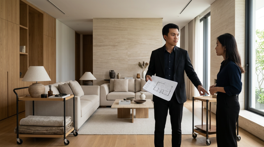 KTS Nguyễn Trung Thành biên tập đồ nội thất và khoảng trống trong phòng khách cao cấp.