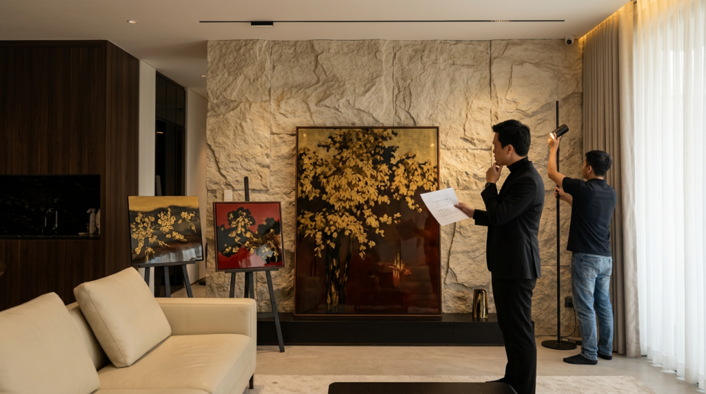 KTS Nguyễn Trung Thành hoàn thiện cách sắp đặt đồ trang trí trước khi bàn giao công trình.