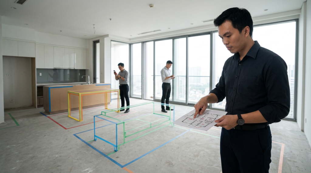 KTS Nguyễn Trung Thành khảo sát mặt bằng và kiểm tra luồng di chuyển trước khi thiết kế nội thất.