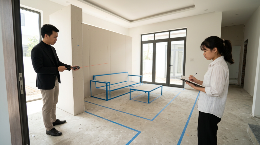 KTS Nguyễn Trung Thành kiểm tra tỷ lệ sofa, hệ vách và khoảng lưu thông tại công trình nội thất.