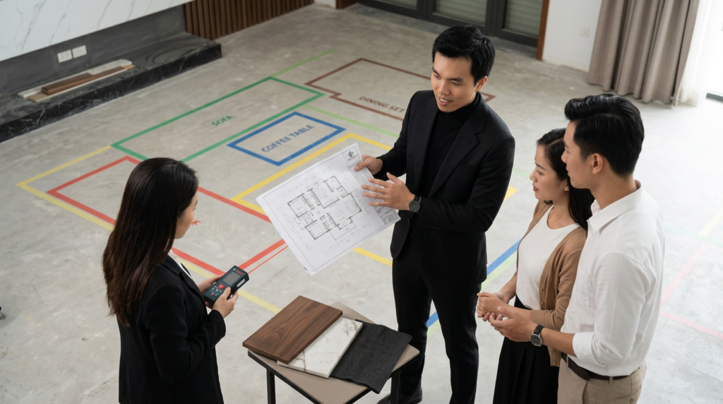 KTS Nguyễn Trung Thành kiểm tra tỷ lệ mặt bằng khi thiết kế nội thất cao cấp cho gia chủ.