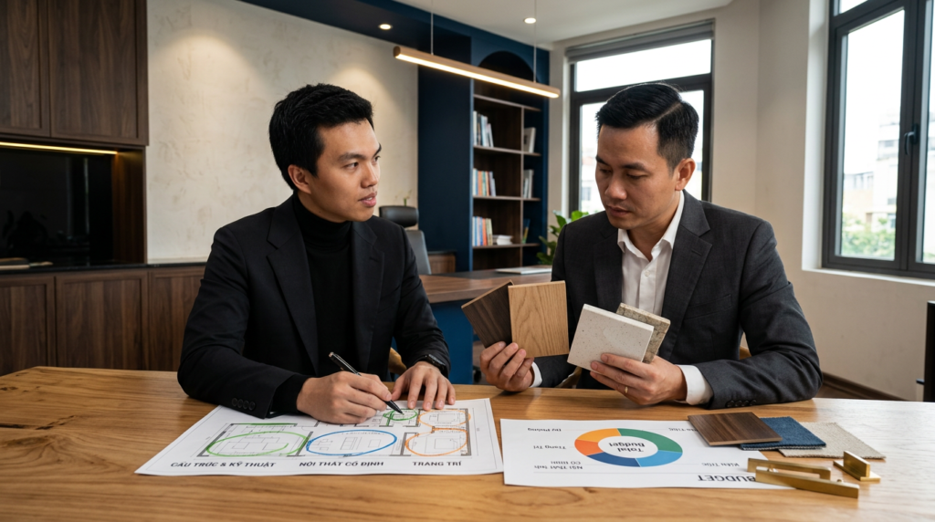 KTS Nguyễn Trung Thành tư vấn phân bổ ngân sách cho dự án thiết kế nội thất cao cấp.