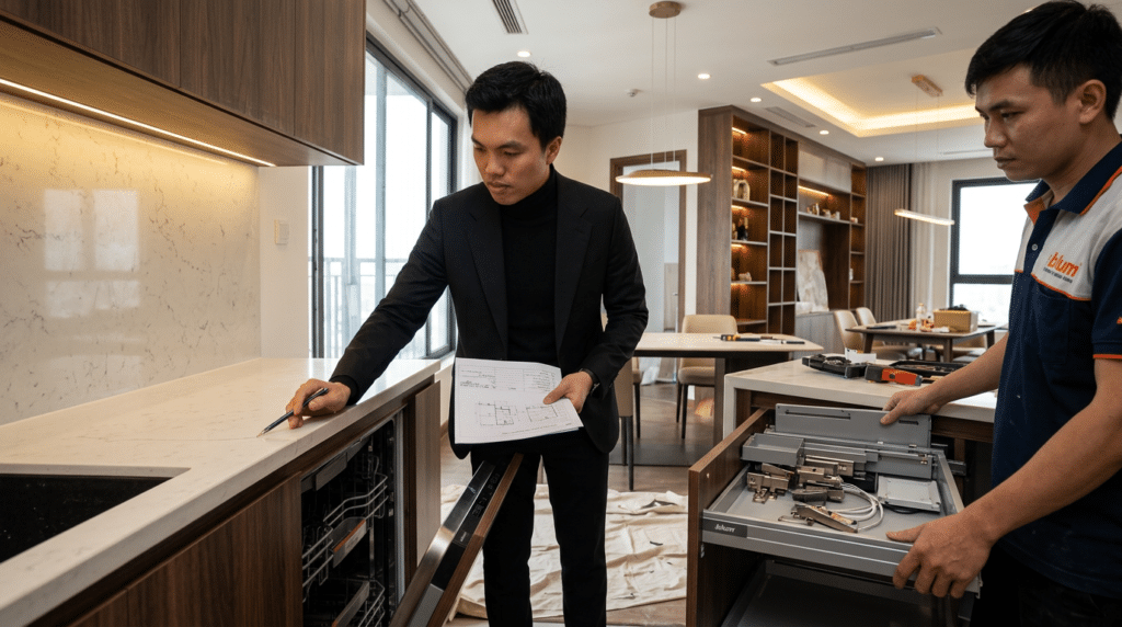 KTS Nguyễn Trung Thành kiểm tra kích thước hiện trường trước khi sản xuất nội thất trọn gói.