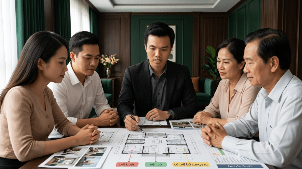 KTS Nguyễn Trung Thành tư vấn nội thất và thống nhất nhu cầu giữa các thành viên trong gia đình.