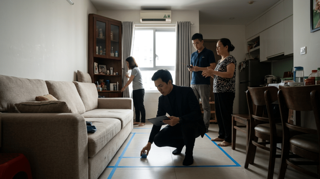 KTS Nguyễn Trung Thành khảo sát hiện trạng và xác định các vấn đề cần xử lý trong không gian nội thất.