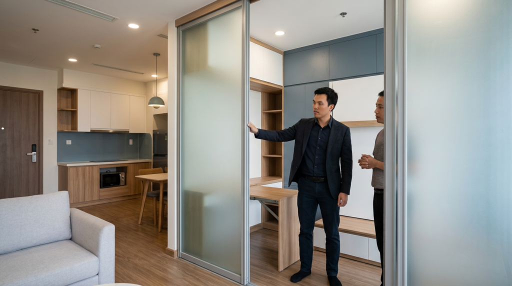 KTS Nguyễn Trung Thành kiểm tra không gian cộng một linh hoạt trong căn hộ Vinhomes Smart City.