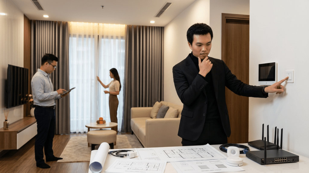 KTS Nguyễn Trung Thành kiểm tra hệ thống ánh sáng và rèm tự động trong căn hộ Vinhomes Smart City.