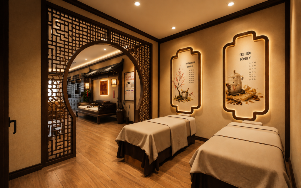 Phòng trị liệu Đông y hai giường với cửa tròn và vách hoa văn gỗ