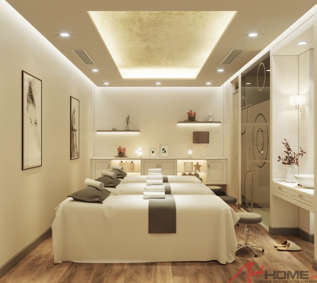 Phối cảnh phòng trị liệu Saigon Smile Spa Hà Nội với ba giường và ánh sáng vàng ấm