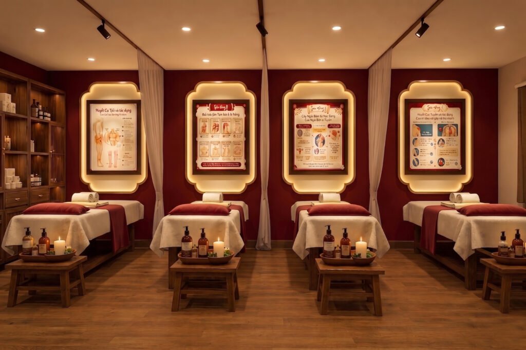 Phòng trị liệu Spa Đông y nhiều giường với rèm trắng và tường đỏ son