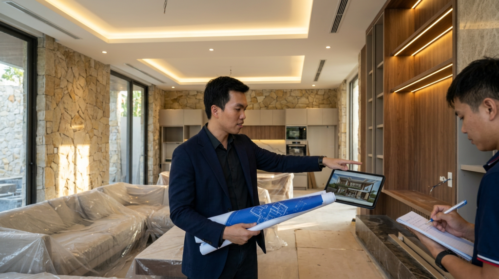 KTS Nguyễn Trung Thành đối chiếu bản vẽ khi thi công thiết kế nội thất tại công trình thực tế.