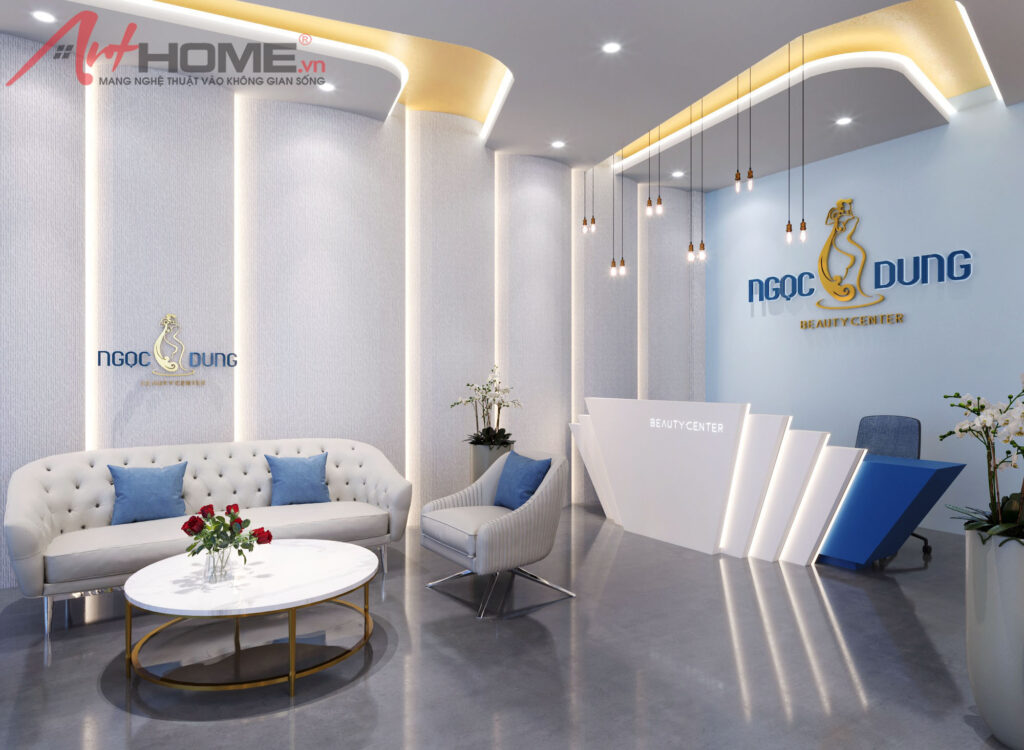 Sảnh lễ tân Ngọc Dung Beauty Center với quầy trắng xanh và logo thương hiệu