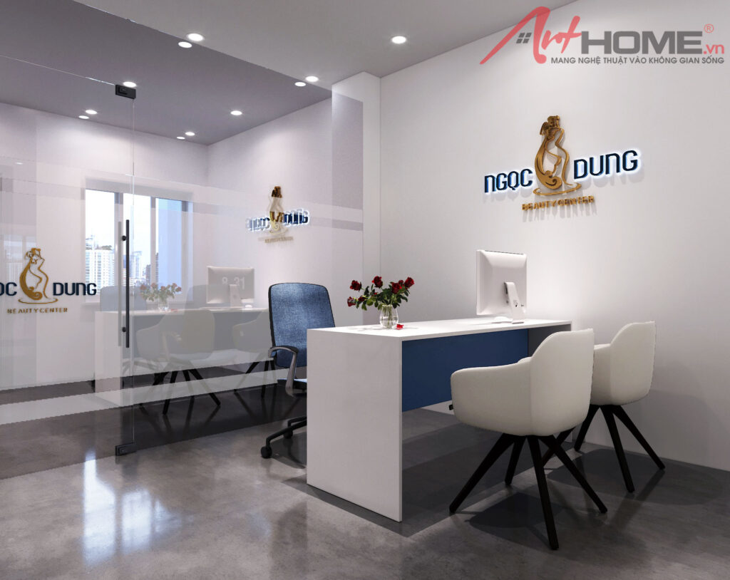Phối cảnh phòng tư vấn Ngọc Dung Beauty Center với bàn trắng xanh và vách kính