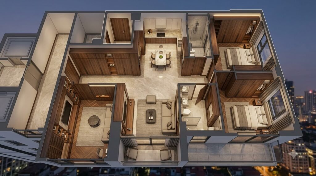 Phòng khách Masteri West Heights hoàn thiện với nội thất đồng bộ từ mặt bằng đến vật liệu