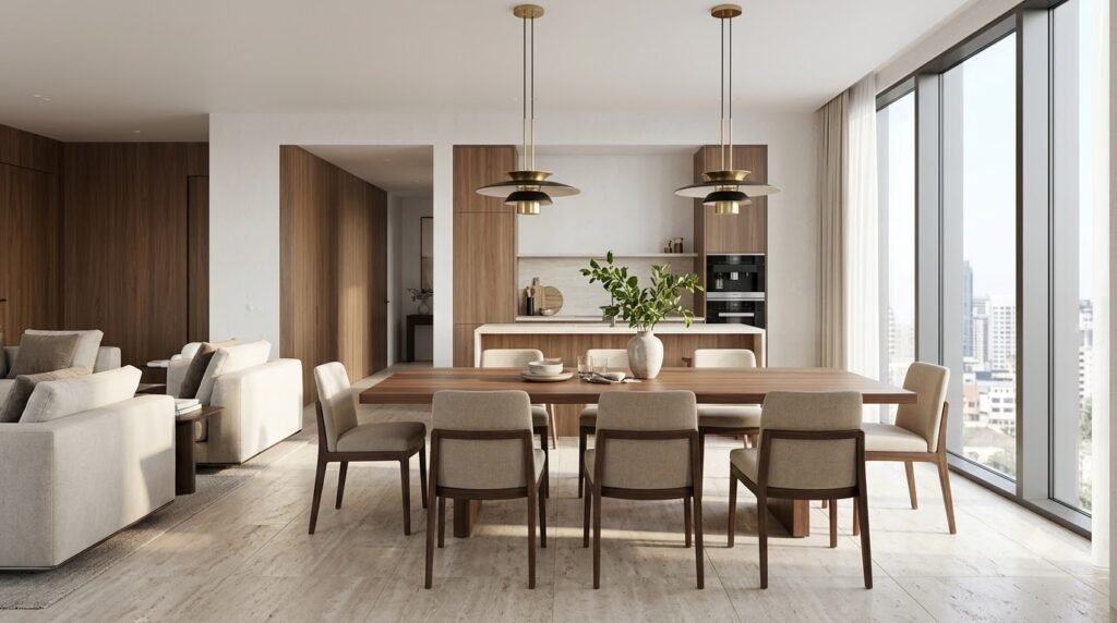 Sofa thấp đúng tỷ lệ giúp giữ tầm nhìn qua cửa kính trong phòng khách Vinhomes Skylake