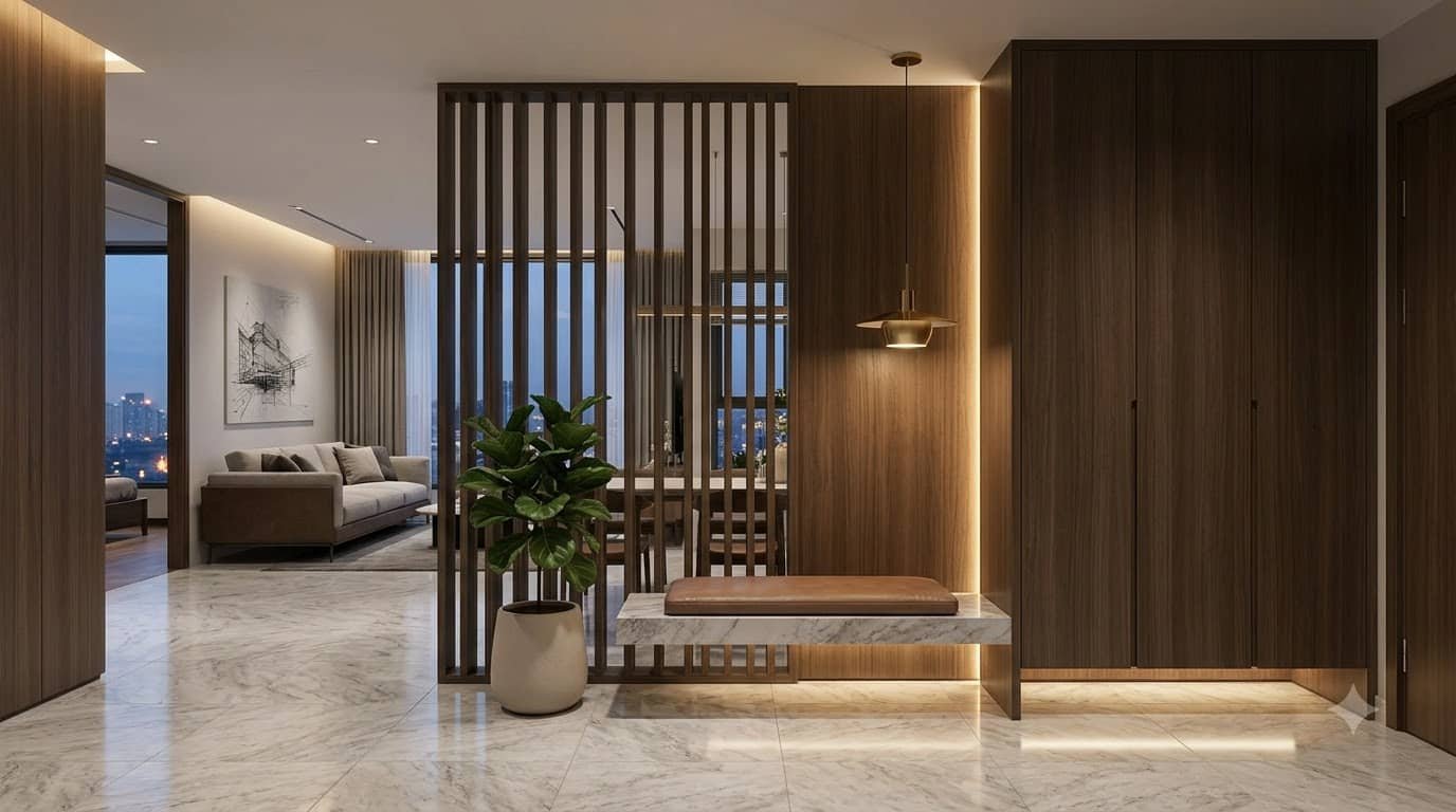 Lối vào căn hộ với hệ tủ và vách nhẹ tạo lớp riêng tư trước phòng khách