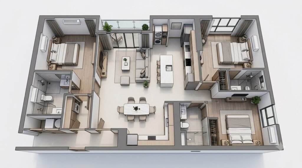 Kiến trúc sư đọc mặt bằng căn hộ Ngoại Giao Đoàn theo vị trí cửa, phòng ngủ, bếp và logia