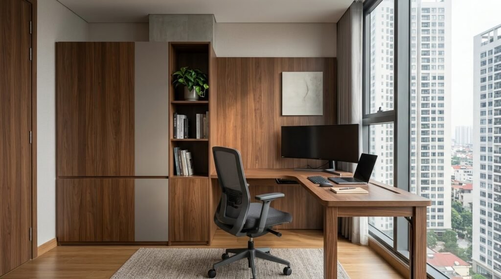 Home office Hà Nội Center Point với bàn tích hợp và tủ tài liệu kín