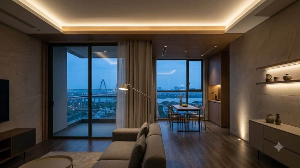 Phòng khách Sunshine Riverside có ánh sáng tự nhiên ban ngày và hệ đèn ấm vào buổi tối