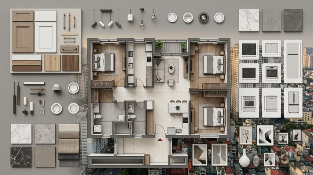 Bảng phạm vi đầu tư nội thất Masteri West Heights chia theo công năng, đồ gỗ và hoàn thiện
