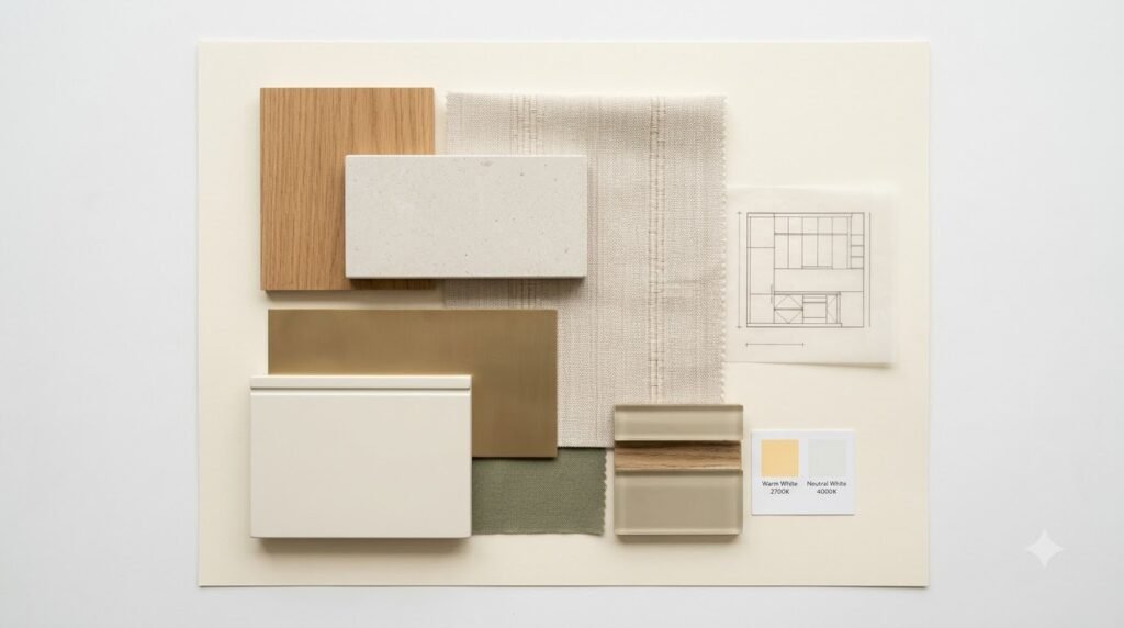 Bảng vật liệu tham khảo cho căn hộ The Senique Hanoi với veneer ấm, đá sáng, textile dệt và kim loại mờ