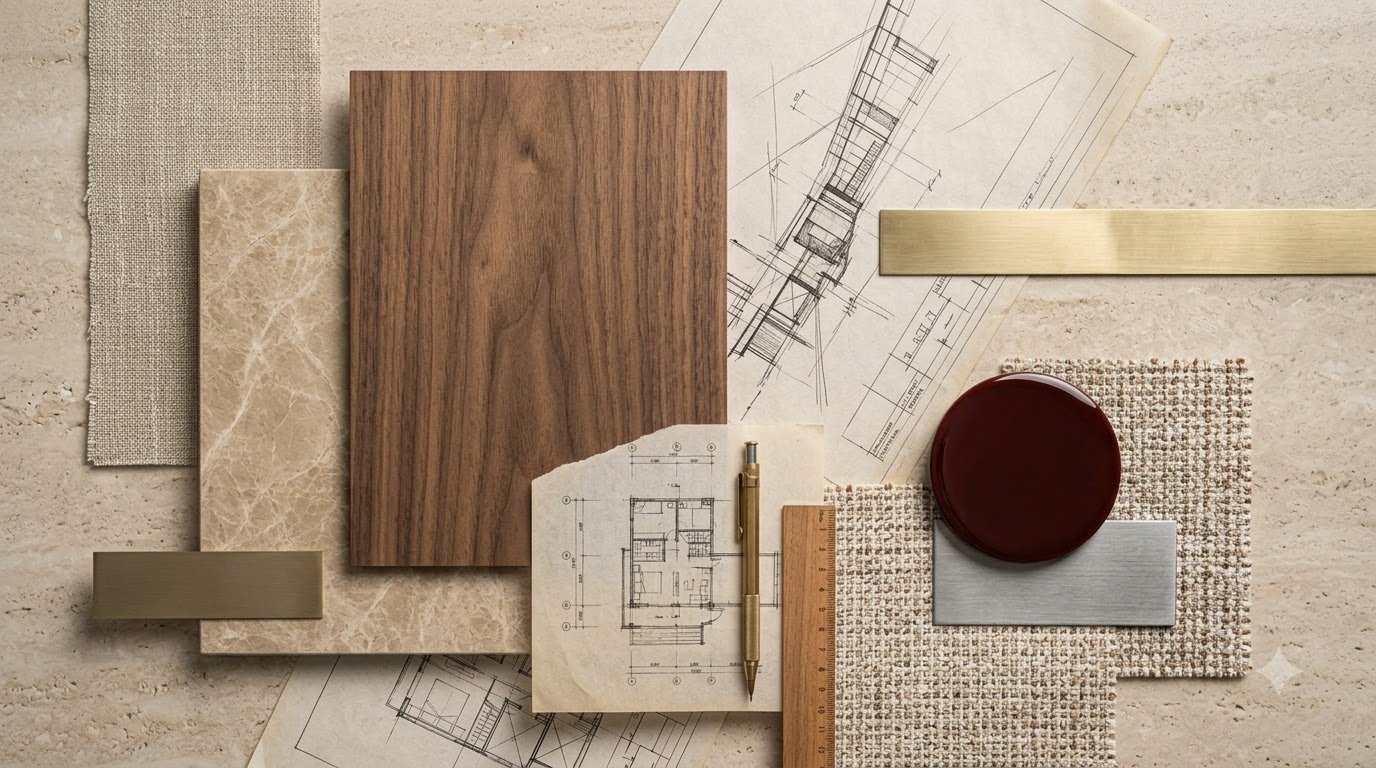 Moodboard veneer, đá, kim loại, vải và sơn mài cho căn hộ cao cấp
