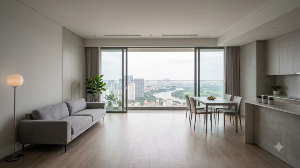 Phòng khách Park Kiara có khoảng sàn thoáng giữa sofa, cửa kính và khu bàn ăn