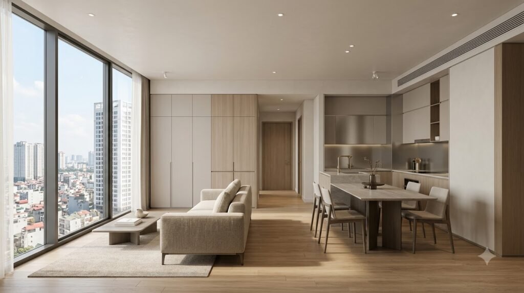 Concept tham khảo phòng khách căn hộ chung cư Lumi Hanoi với bố cục gọn, ánh sáng tự nhiên và hệ tủ tích hợp