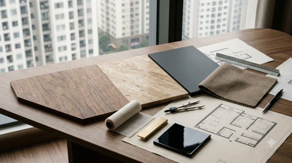 Moodboard veneer, đá, vải, kim loại và sơn mài cho căn hộ Ngoại Giao Đoàn
