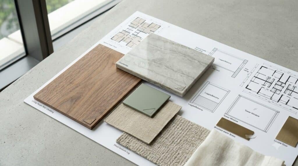 Moodboard gỗ, đá, vải và bề mặt mờ cho nội thất Park Kiara ParkCity